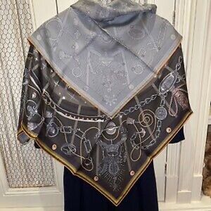 Hermès Gray and Black Silk Scarf